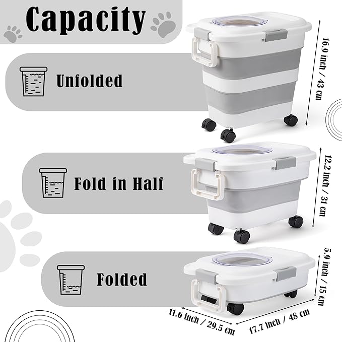 MALLMALL6 Dog Food Storage Container, Collapsible Pet Food Container with Spinner Wheels Scoop and Measuring Cup, Airtight Multifunctional Food Storage Container for Rice Dog Cat Pet Kitchen Dry Food