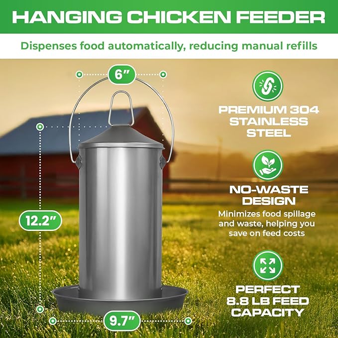 Plexon 8.8 Lb Poultry Feeder Stainless Steel Hanging Chicken Feeder no Waste Food-Grade with 6 Gallon Galvanized Storage Bucket with Locking Lid for Bird Seed Chicken Feed, Bundle