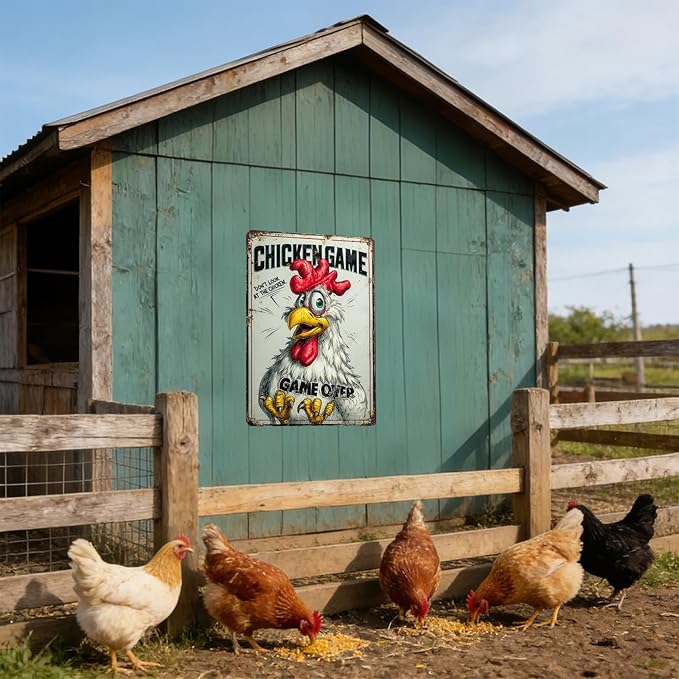 Funny Chicken Game Tin Sign Plaque Metal Poster Home Kitchen Garden Restaurant Farm Wall Decor 12x8 Inch