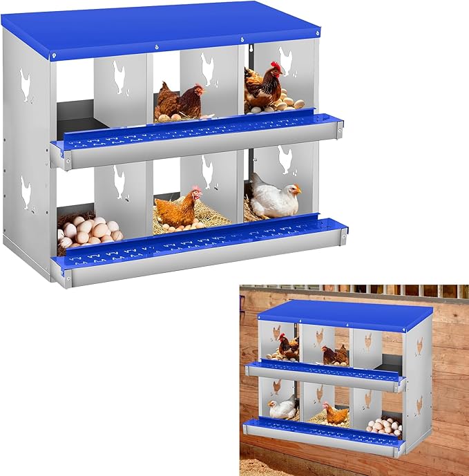 Metal Nesting Boxes for Chickens-6 Compartment Chicken Nesting Box for Laying Eggs, Wall Mountable Roll Away Laying Boxes for Hens and Chicken Coop