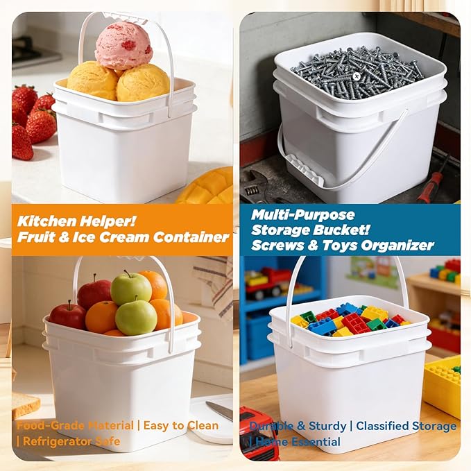 Bucket with Lid - 4 Packs Square White Plastic Storage Containers, Food Safe with Handle, Airtight Pressure Lids for Kitchen & Home (White, 1 gal)