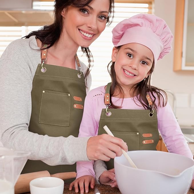 Unisex Aprons with Large Pockets,Cotton Canvas Cross Back Heavy Duty Adjustable Work Apron,Size Kids to Adult