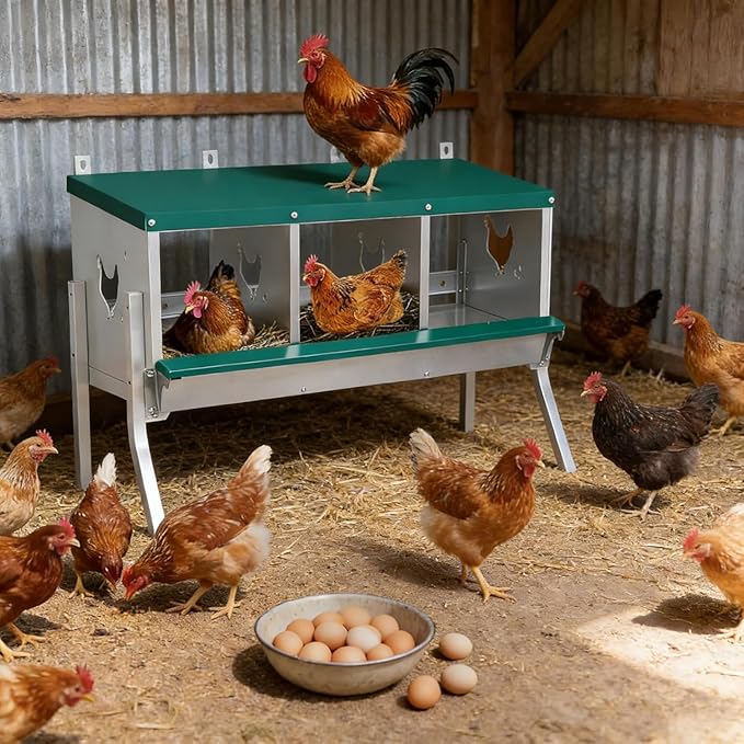 Garvee Large Metal Chicken Nesting Boxes for Hens, 3 Compartment Galvanized Steel Nesting Box with Legs, Includes 4 Fake Eggs & 10 Soft Nest Pads, Wall Mount or Freestanding for Coop & Farm