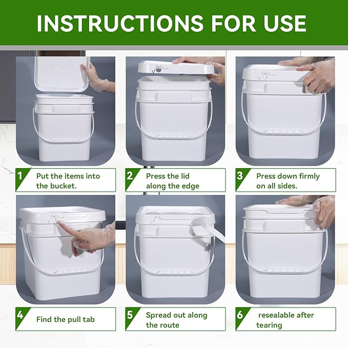 Bucket with Lid - 4 Packs Square White Plastic Storage Containers, Food Safe with Handle, Airtight Pressure Lids for Kitchen & Home (White, 1 gal)