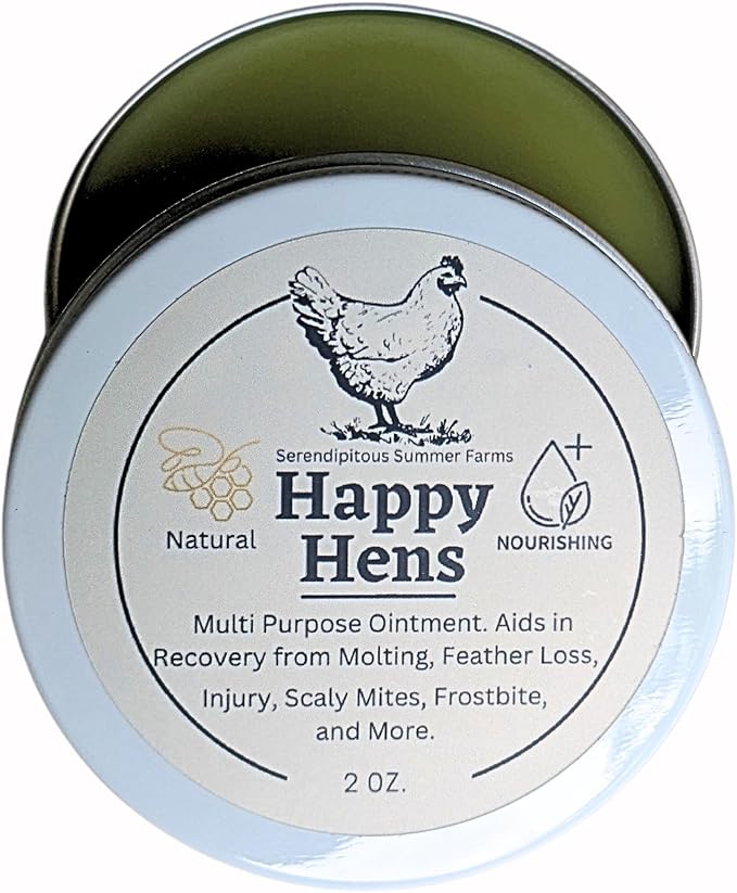SSF Organics Happy Hens- All Purpose First Aid Poultry Balm. Organic Healing Ointment for Pecking Wounds/Sores, Frostbite, Mites, and Molting. Concentrated Hen Healer Ointment. Made in The U.S.A.