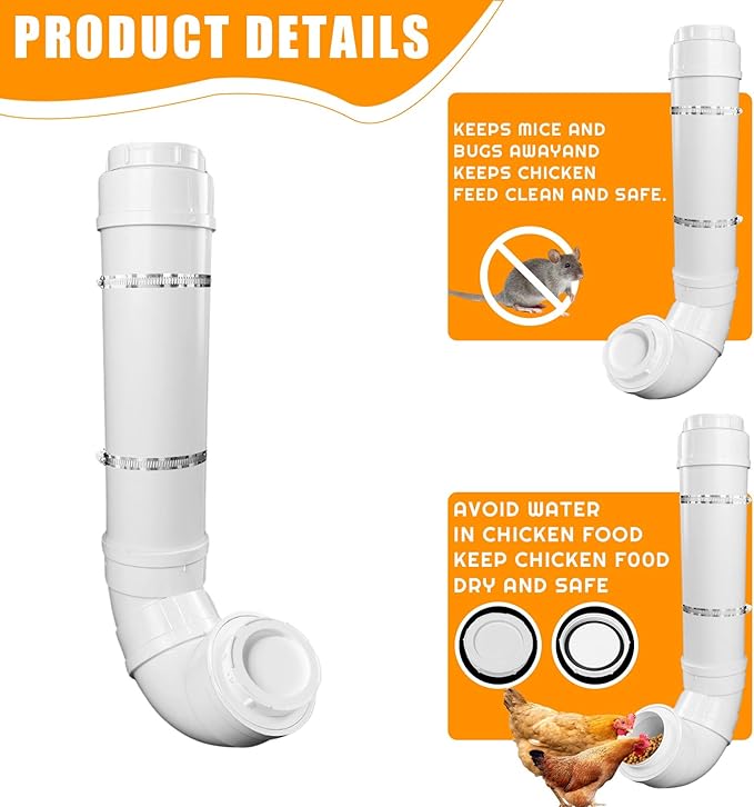 Automatic Chicken Feeder with 2 Covers Duty PVC Pipe No Waste Chicken Coop Feeder 6.6 Pounds Large Chicken Feeder Hanging Chicken Feeder