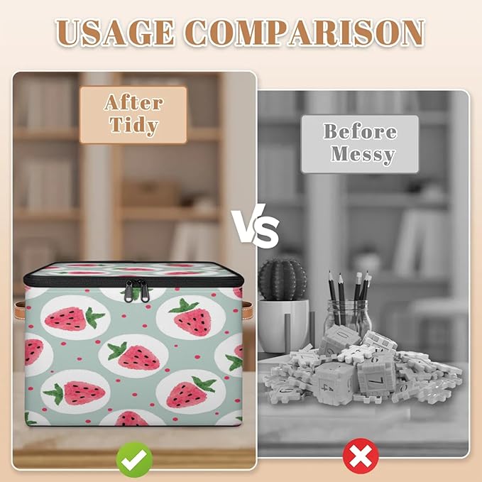 Storage Cubes with Lid Fabric Storage Bins Boxes PU Leather Handles, Strawberry Closet Organizer Container Foldable Washable Shelf Cloth Basket, Fruits Cute