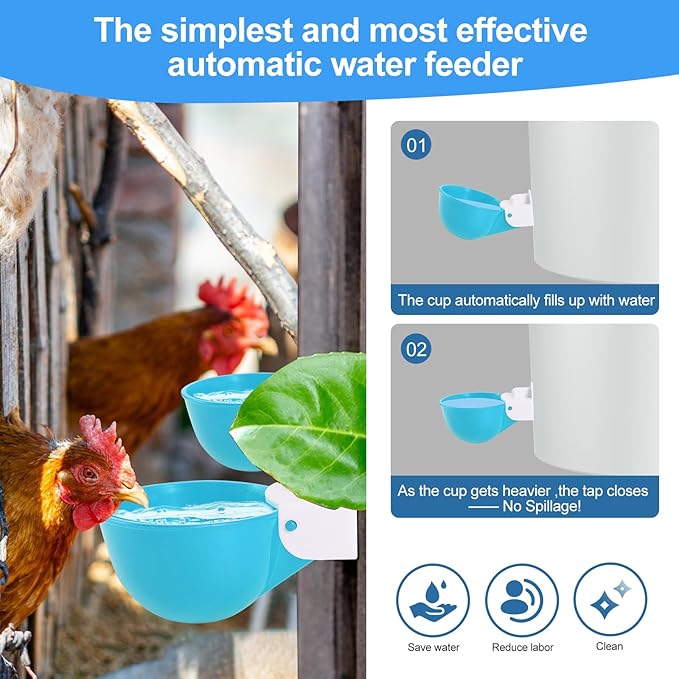 Chicken Waterer Cups (16 Pack/Light Blue) - DIY Automatic Large Chicken Water Feeder for Ducks Quail and Various Poultry Dispenser with Matching Drill, Double Rubber Ring, Not Leaking Wate