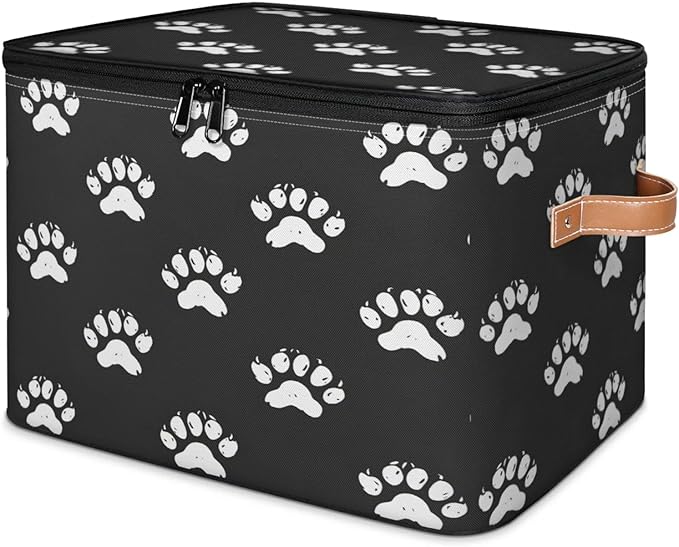 Storage Cubes with Lid Fabric Storage Bins Boxes PU Leather Handles, Paw Print Closet Organizer Container Foldable Washable Shelf Cloth Basket, Cute Dog Cat Paw
