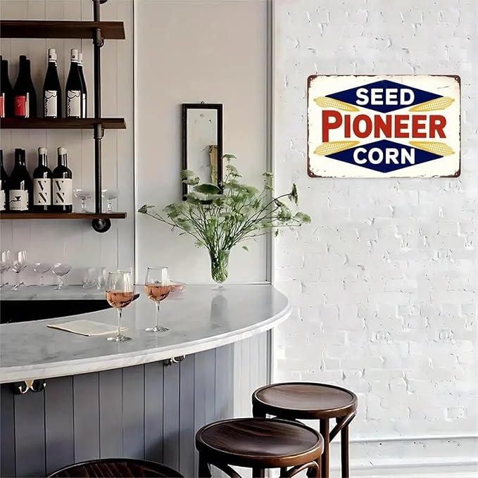 Seed Pioneer Corn Sign Tin Sign Vintage Farmhouse Metal Sign Print Aesthetic for Garden Yard Bar Porch Home Bedroom Kitchen Wall Decor Gift 8 X 12 in