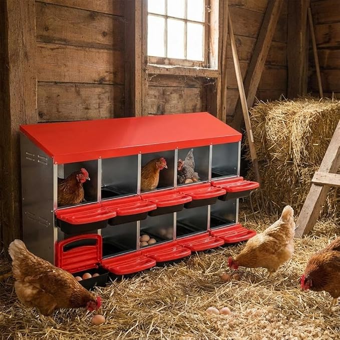 Nesting Box for Chickens, 10 Hole Chicken Nesting Box, Roll Away Nest Boxes to Protect Eggs, Poultry Nest Boxes for Chickens Laying Egg, Red