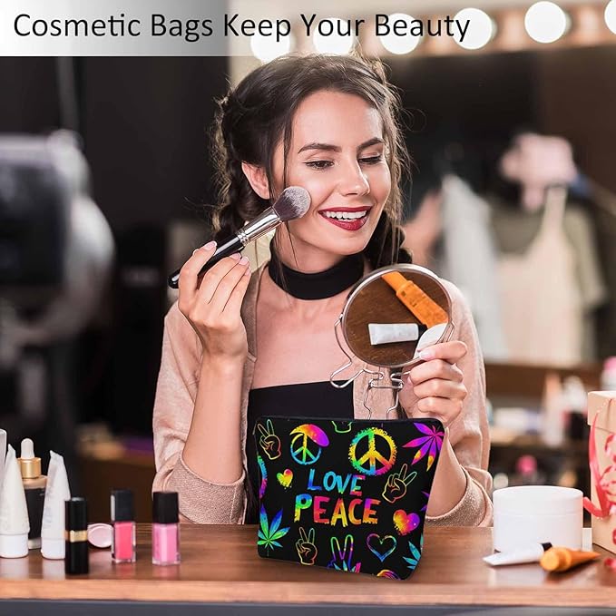 Makeup Bag For Purse Peace Love Symbol, Hippie Peace Love Sign Cosmetic Bags For Women With Zipper Travel Toiletry Pouch Makeup Bags Makeup Organizers Purse For Toiletries Cosmetics