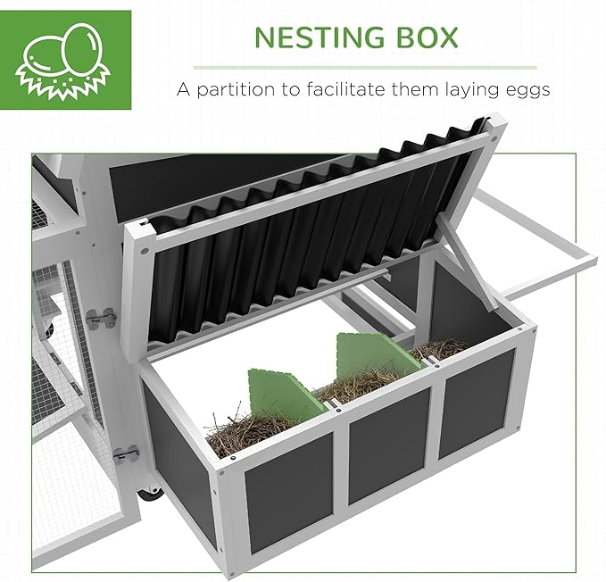 PawHut Wooden Chicken Coop, Chicken Tractor with Large Run for 6 Chickens, Outdoor Poultry Cage Rabbit Hutch Duck Coop Hen House with Nesting Box, Tray, Windows, Dark Gray
