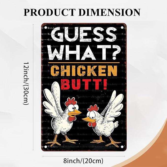 Chicken Lover Guess What Chicken Butt Metal Tin Sign Rustic Wall Decor Farmhouse Kitchen Art 8X12Inch