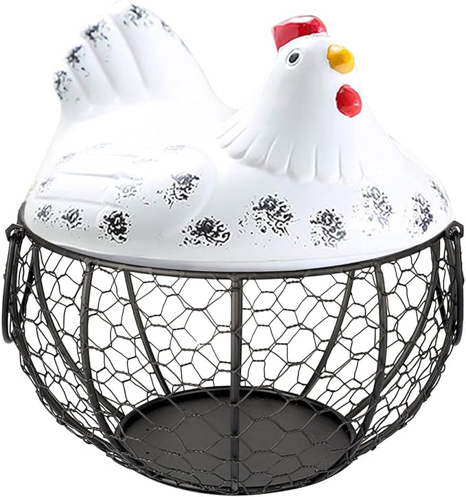Egg Storage Organizer for Kitchen Countertop, Ceramic Chicken Lid with Wire Basket Dispenser, Black Chicken Egg Holder for Fresh Eggs, Rustics Egg Dispenser Rack for Farmhouse Decor (White)