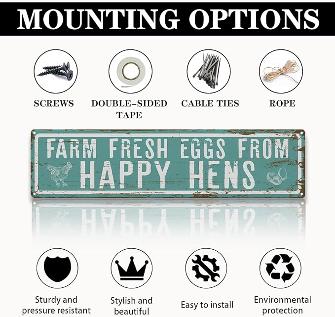 Rustic Farmhouse Style Chicken Coop Sign, Metal Egg Stand Signs, Farm Fresh Eggs from Happy Hens, Retro Metal Tin Sign, Farmhouse Decor, Backyard Hen House Gift 15.8x4 Inch