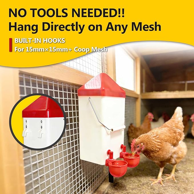 Hanging Chicken Waterer, 1 Gallon PVC Chicken Waterer with 2 Auto-Fill Cups & Horizontal Nipples, Hooks for 15mm×15mm+ Mesh, Suitable for Chicks, Chickens, Quail, Pigeons & Gamebirds