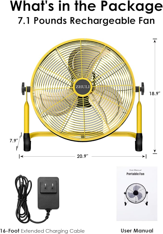 ZHULI 18" Portable Battery Operated Floor Fan, Rechargeable Cordless Camping Fan, Hi-Velocity Brushless Motor, Metal blade, USB Phone Charge, 8~60H Runtime, Quiet, Wireless, For Outdoor Home Workshop