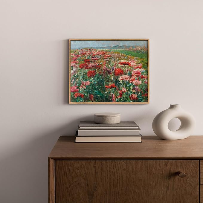 Farmhouse Flower Artwork Framed Red Wildflower Painting Vintage Flower Pictures Blooming Flowers Poster Nature Wildflower Wall Art Farmhouse Botanical Artwork Rustic Floral Paintings 8x10inch Framed