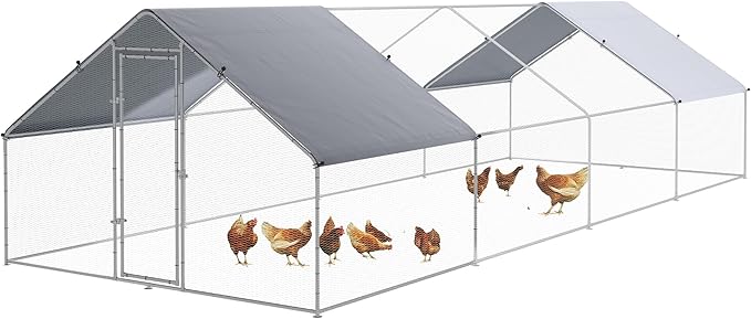 PawHut Large Chicken Coop Metal Chicken Run with Waterproof and Anti-UV Cover, Spire Shaped Walk in Fence Cage Hen House for Outdoor and Yard Farm Use, 1.26" Tube Diameter, 9.8' x 26.2' x 6.4'