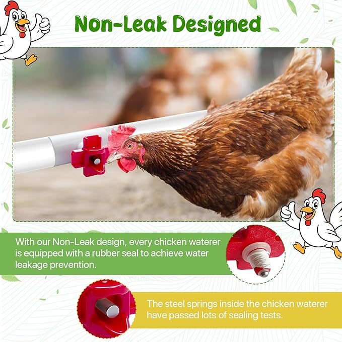 10 Pack Horizontal Side Mount Chicken Waterer Nipples, DIY Automatic Poultry Nipples, Non-Leak Chicken Waterer Drinker Kits with 1/2" PVC Tee Fittings, Organized&Clean Chicken Watering System