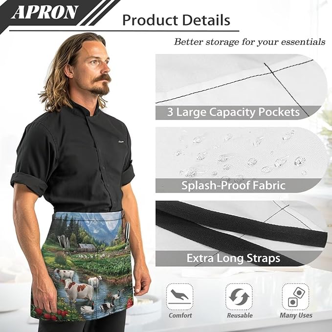 Waistress Apron with Pockets Coffee Waiter Apron Long String Chef Half Aprons for Cooking Kitchen Hairdresser