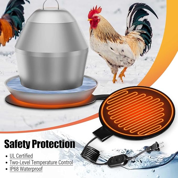 Chicken Water Heater for Winter, 11" Waterer Heated Base for 1-5 Gallon Metal Plastic Poultry Water, 110 Watt Heated Poultry Waterer with Thermostat for Chicken Duck Pigeon