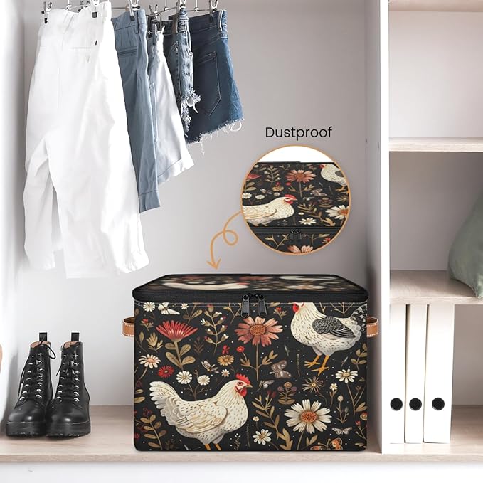 Farmhouse Chicken Storage Bins with Lids, Boho Wildflower Fabric Storage Boxes with Zipper, Collapsible Decorative Closet Organizer Cube for Clothes, Toys, Organizing, Shelves