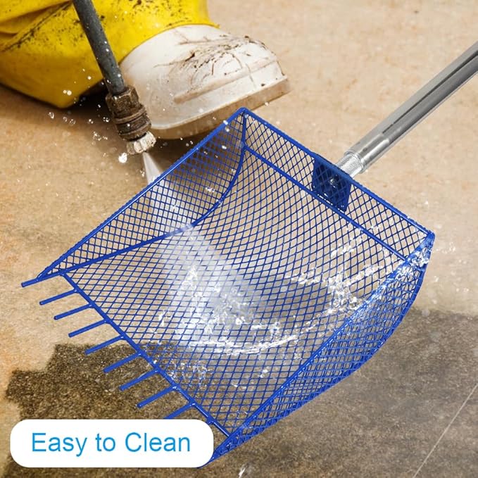 Kaleky 2-in-1 Heavy Duty Chicken Coop Rake and Scooper, 15 Inch Metal Chicken Cleaning Shovel with Adjustable Stainless Steel Handle (25 to 73 Inch) for Sand, Coops, Litter Cleaning (Blue)