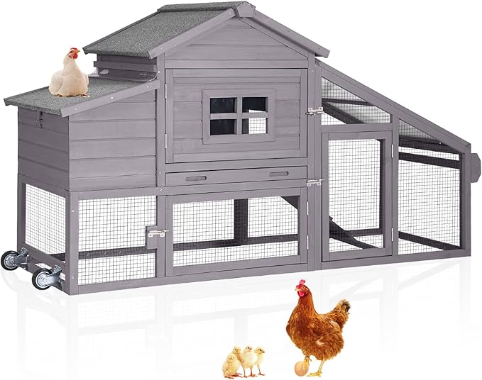 Aivituvin Mobile Chicken Coop with Wheels for 2-4 Chickens, Backyard Expandable Chicken House Duck Cage with Run, 2 Nesting Boxes, Easy Clean Pull-Out Tray, Leak-Resistant Asphalt Roof, 72.3"(Grey)