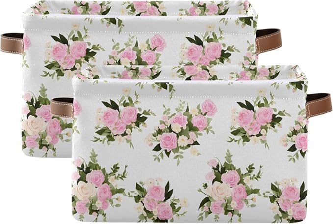JIPONI Watercolor Pink Roses Fabric Storage Bins for Shelves, Decorative Storage baskets for organizing, Closet Organizer with Handle for Cloth, Toys, Bedrooms
