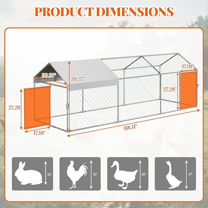 Large Metal Chicken Coop,120" x40x40 Heavy Duty Walk-in Chicken Runs with Waterproof and Anti-Uv Cover,Portable Poultry Cage Hen House Outdoor Backyard Farm Playpen Exercise Pen for Rabbit Duck