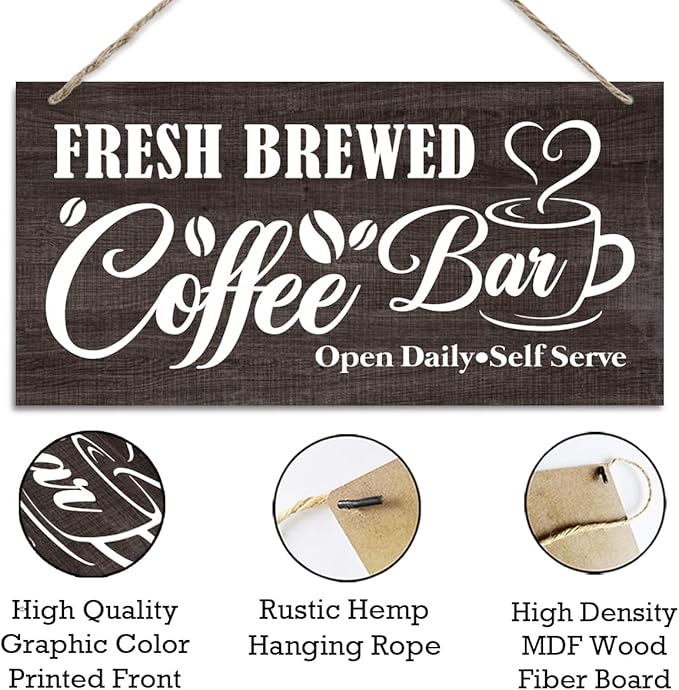 Coffee Wooden Hanging Decor Sign, Fresh Brewed Coffee Bar Open Daily Self Serve, Vintage Kitchen Decor, Rustic Farmhouse Cafe Pub Home Bar Decoration 12 x 6 Inches