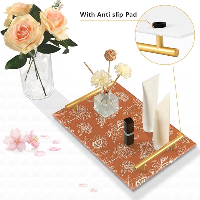 Bathroom Vanity Tray Counter Organizer, Orange Floral Pattern Decorative Tray with Handles Countertop Storage for Bathroom Bedroom Kitchen Home Farmhouse