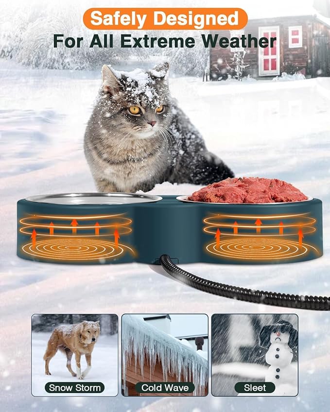 Heated Water Bowl for Outdoor Cats, 2 Thermal Stainless Steel Heated Cat Bowl for Outside, Ice Free & BPA Free Heated Pet Bowl for Small Animals Squirrel Rabbits Chickens Bird Bath in Winter