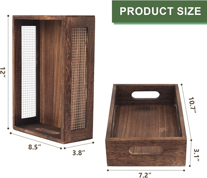 Rustic Wooden Storage Baskets, Nesting Design with Wire Mesh, Set of 2, Dark Brown