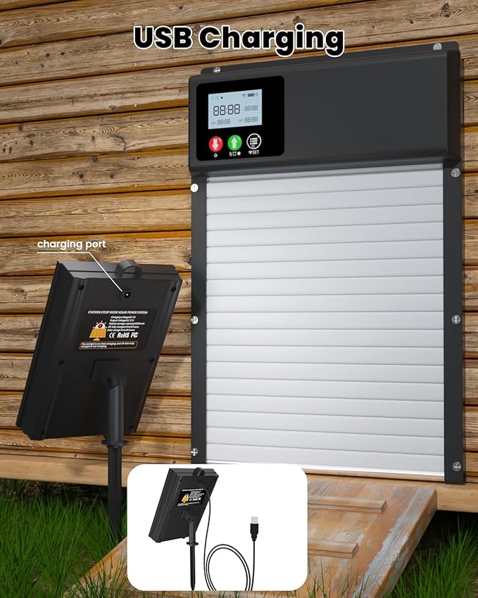 2025 Upgraded Solar Powered Automatic Chicken Door, WiFi Remote Control Chicken Coop Door, with LCD Display & Timer & Light Sensor, Chicken Door with Anti-Pinch Design