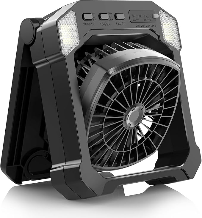 Camping Fan Battery Powered & Solar Powered, Portable Solar Fan 10000mAh Rechargeable Outdoor Fans with Light, Quiet Cordless Fans for Tent, RV, Emergency, Hiking, Power Outage, Desk, Survival Kit