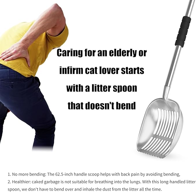 Cat Litter Scoop & Chicken Poop Scooper - Heavy Duty Stainless Steel Long Handle with Sifting Holes for Litter Box/Coop/Sand - Includes Poop Rake, (16.5-62.5")