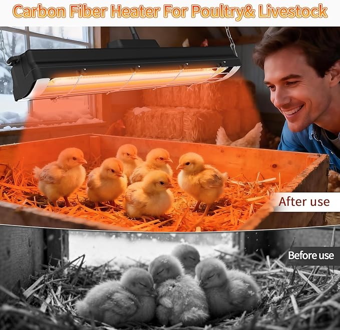 Chicken Coop Heat Lamp, 300W Brooder Heater for Chicks, Carbon Fiber Bulb Heater with 2-Level Temp, 6.6ft Cord UL Passed Adjustable Hanging Height, Livestock Indoor Warmer