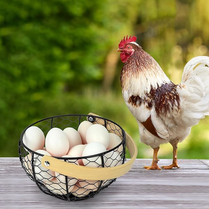 Wire Egg Basket for Gathering Fresh Egg Collecting Basket With Handle, Large Capacity Egg Holder Countertop, Metal Vintage Chicken Egg Basket for Farmhouse Kitchen Counter Decor Fruit Storage (Black)