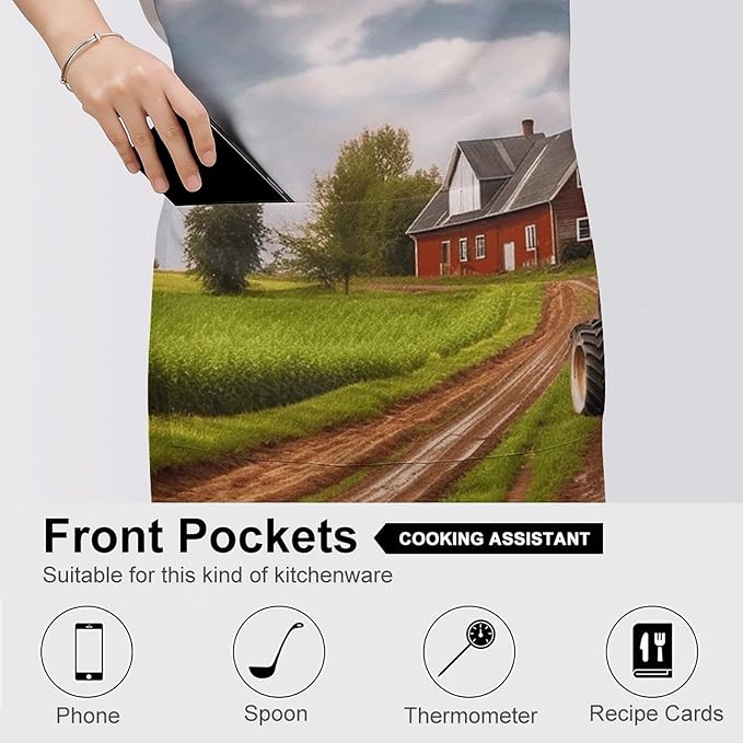 Country Road with Farm And Tractor Chef Apron for Men Women with 2 Pockets Water & Oil Resistant Bib Aprons Adjustable Neck Strap & Long Ties Work Apron for Cooking Grilling Serving Crafts Gardening