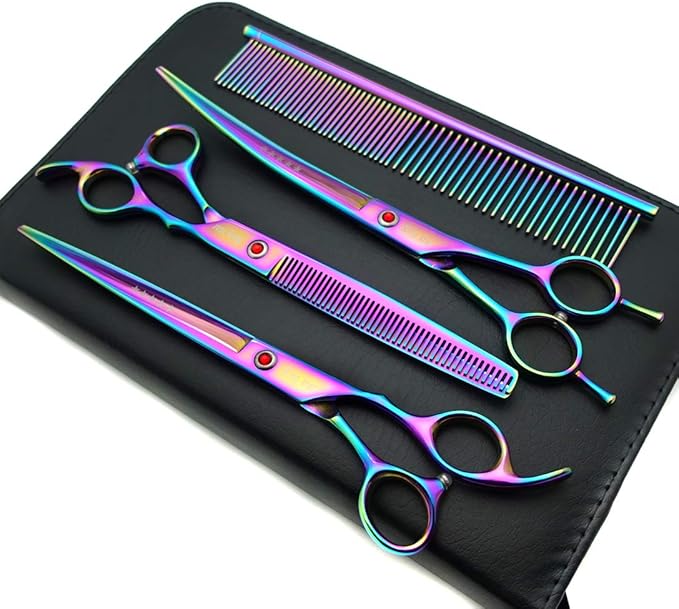 KINGSTAR 8.0in. Professional Pet Grooming Scissors Set,Titatium Plated Straight & Thinning & Curved Scissors Set with Comb,Dog Grooming,A563