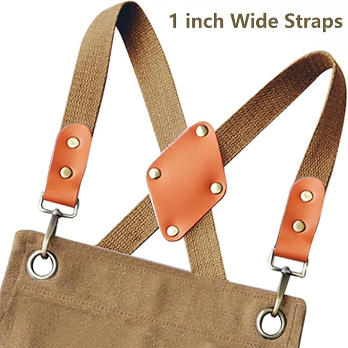 AFUN Work Aprons for Men with Large Pockets, Cotton Canvas Cross Back Heavy Duty Adjustable Tool Apron, Size M to XXL (Brown)