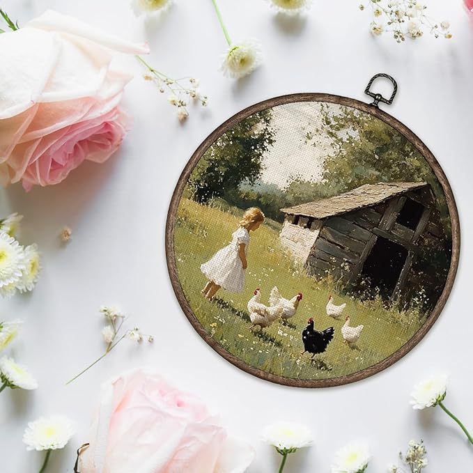 Giosve Rustic Farmhouse Round Wall Art Canvas Framed Poster, Retro Country Farmhouse Girl Feeding Chickens Hanging Wall Sculptures for Home Bedroom Living Room Decor, 10x10 Inch