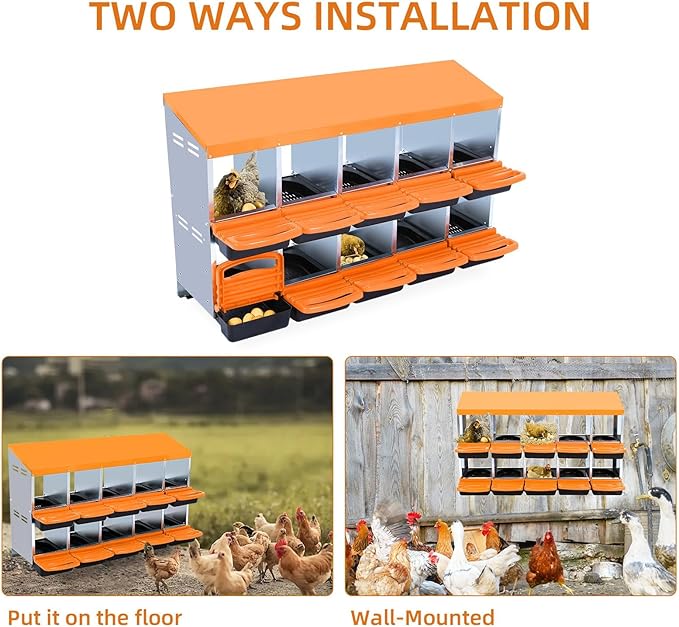 GarveeHome 2-Tier Chicken Nesting Box, 10 Compartment Metal Chicken Laying Boxes with Waterproof Roof ＆ Removable Trays for Hens, Poultry，Easy Egg Collection