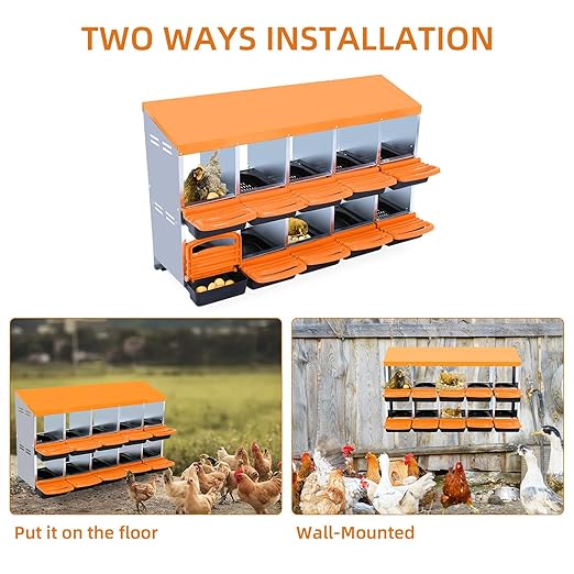 Chicken Nesting Boxes, 10 Hole Metal Chicken Laying Box with with Removable Trays and Roll Out Egg Collection for Chicken Coop, Orange