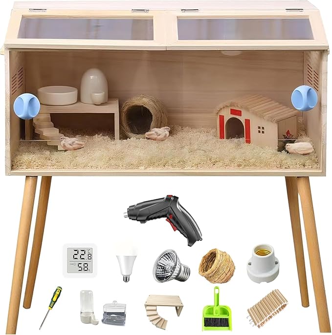 32"x16"x16" Brooder Box for Chicks, with 20In Legs Heat Lamp and Thermometer, Feeder, Waterer Toys Set for Chicks, Lizard, Parrot, Hamster, Quail, Hedgehog Cage