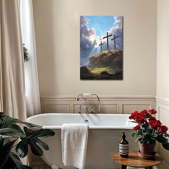 MNFGMH Easter Poster Cross Religious Spring Easter Wall Art Christian Decor Easter Canvas Picture Office Living Room Decorations Wooden Frame 20x30 inch