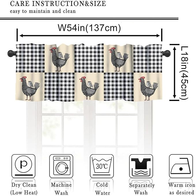 Farmhouse Rooster Kitchen Curtains Rustic Retro Abstract Chicken Black White Buffalo Plaid Rod Pocket Curtain Valance for Kitchen Bedroom Living Room Decor 1 Panel W54xL18 Inch